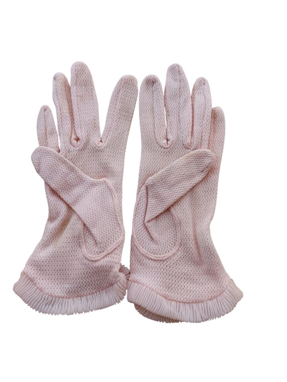 Vintage Pink Textured Gloves With Ruffled Cuffs For Women 9 Inches Long Handmade